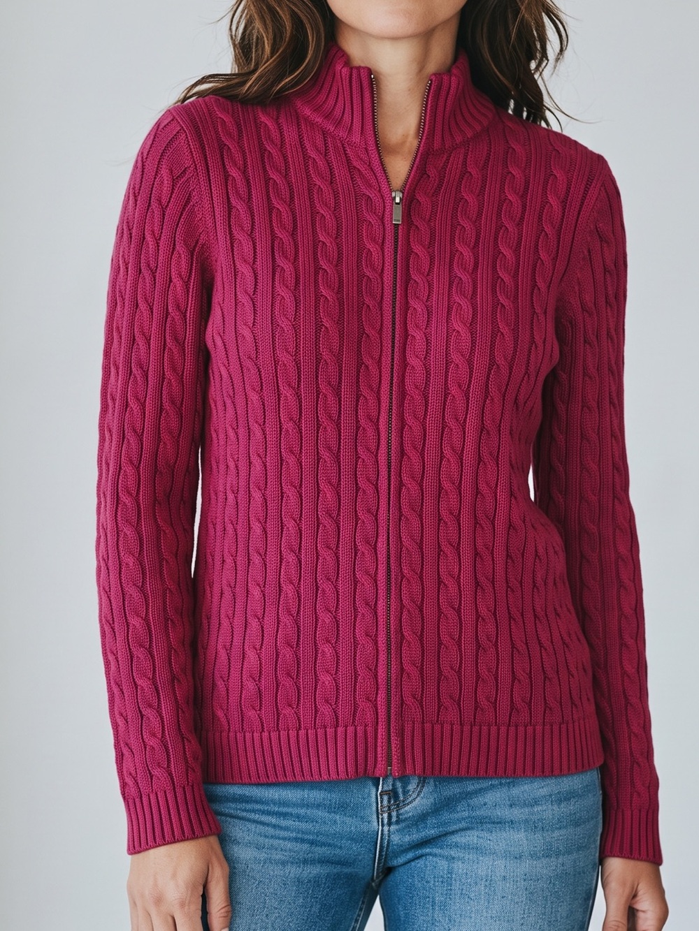 L.L. Bean Raspberry Red Cotton Cable Knit Full Zip Mock Neck Sweater Large